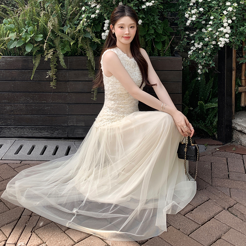 French Sleeveless Sequin Mesh Dress Women Summer High-End Elegant Slimming Long Fairy Gown