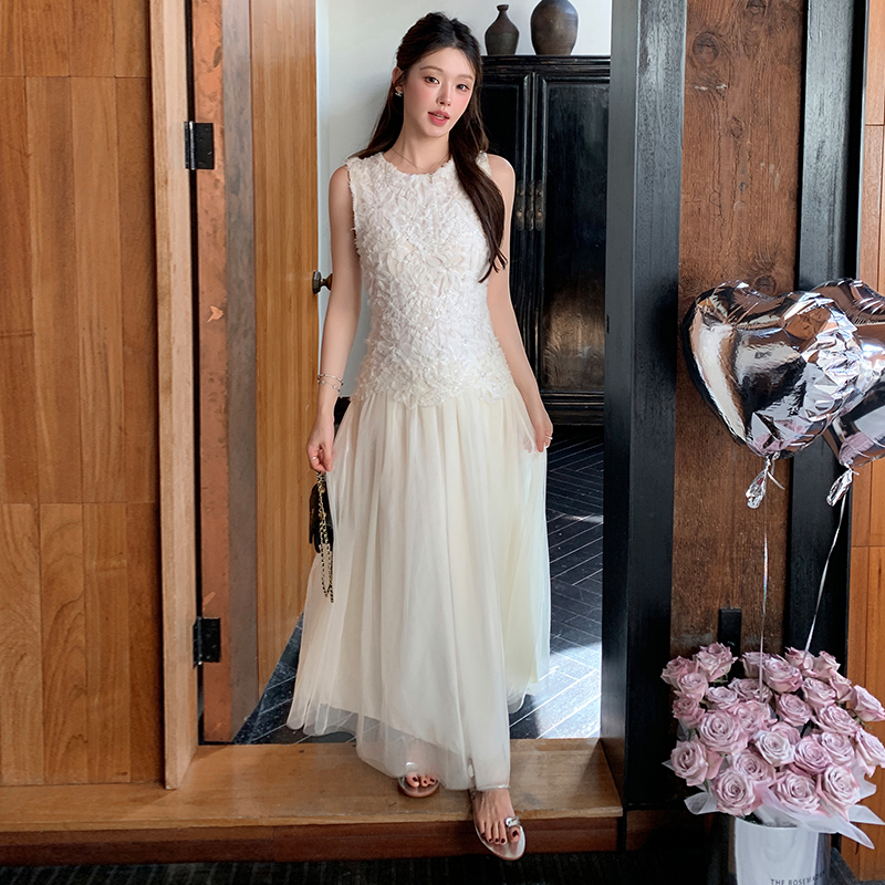 French Sleeveless Sequin Mesh Dress Women Summer High-End Elegant Slimming Long Fairy Gown