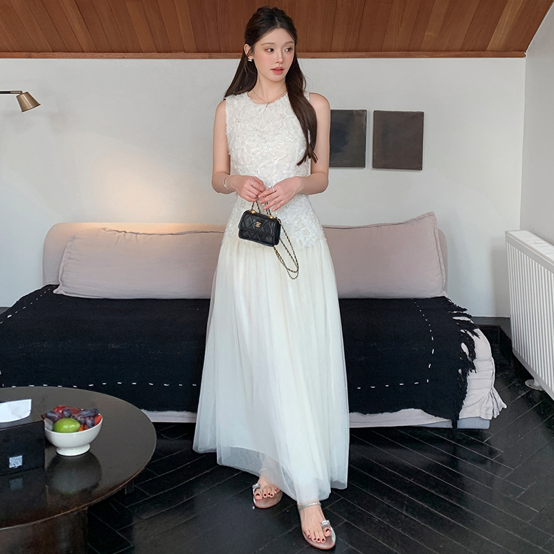 French Sleeveless Sequin Mesh Dress Women Summer High-End Elegant Slimming Long Fairy Gown