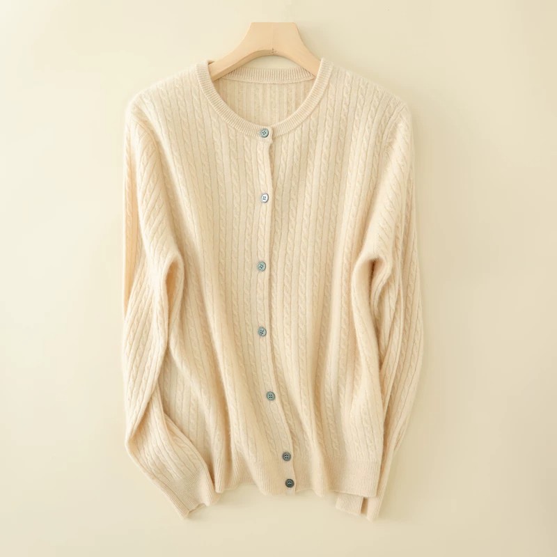 Women's Soft Round Neck Cable Knit Cardigan Solid Color Knitwear Spring Autumn Outerwear