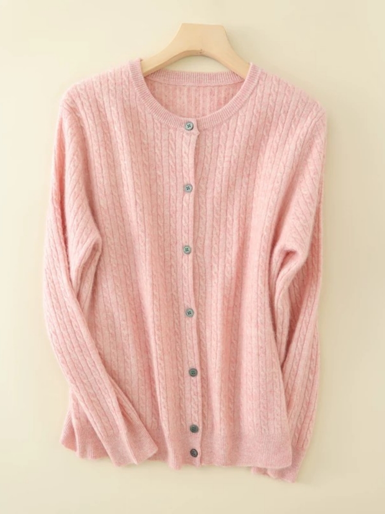 Women's Soft Round Neck Cable Knit Cardigan Solid Color Knitwear Spring Autumn Outerwear