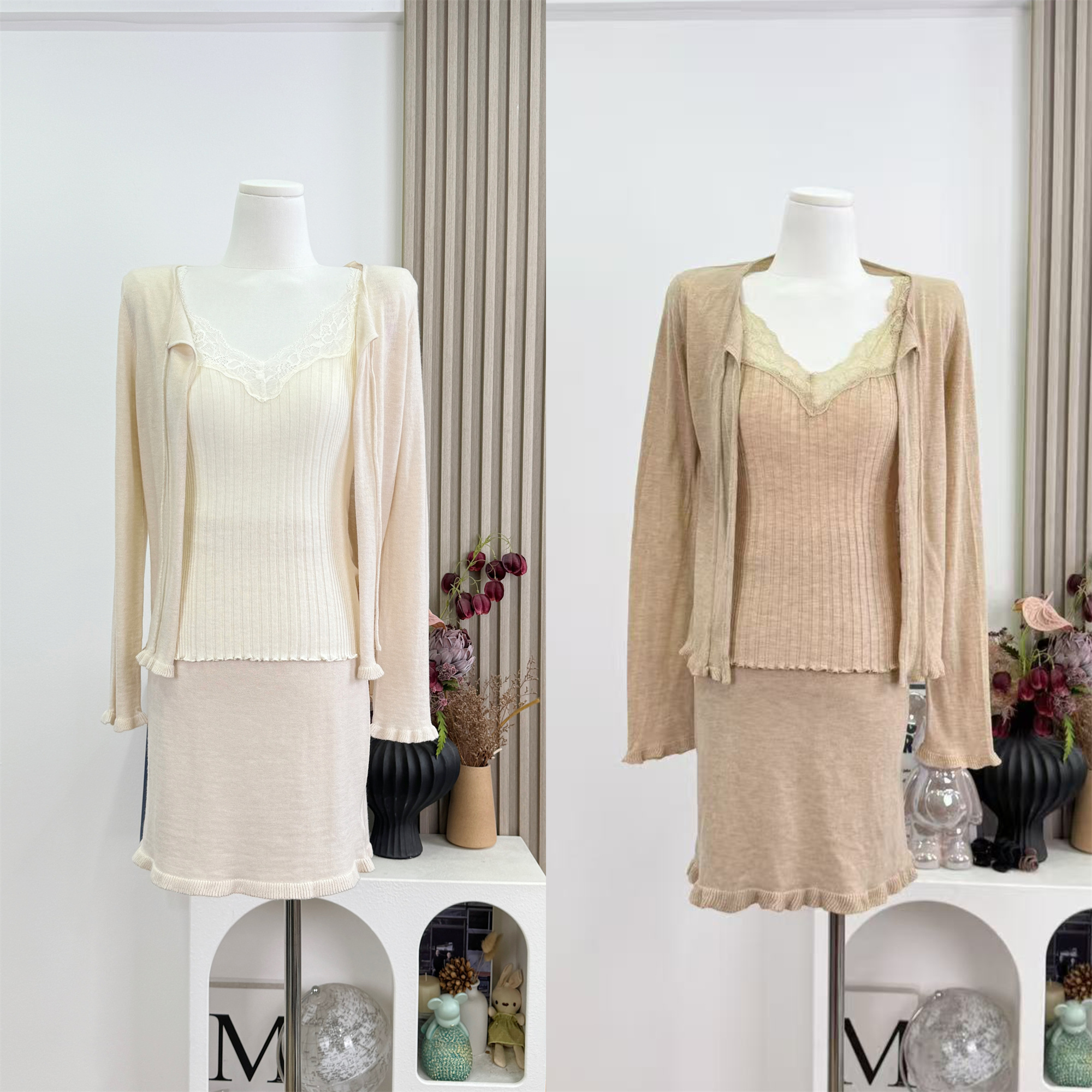 Women's Knit Sweater Set with Tie and Ruffle Trim Cardigan and Skirt