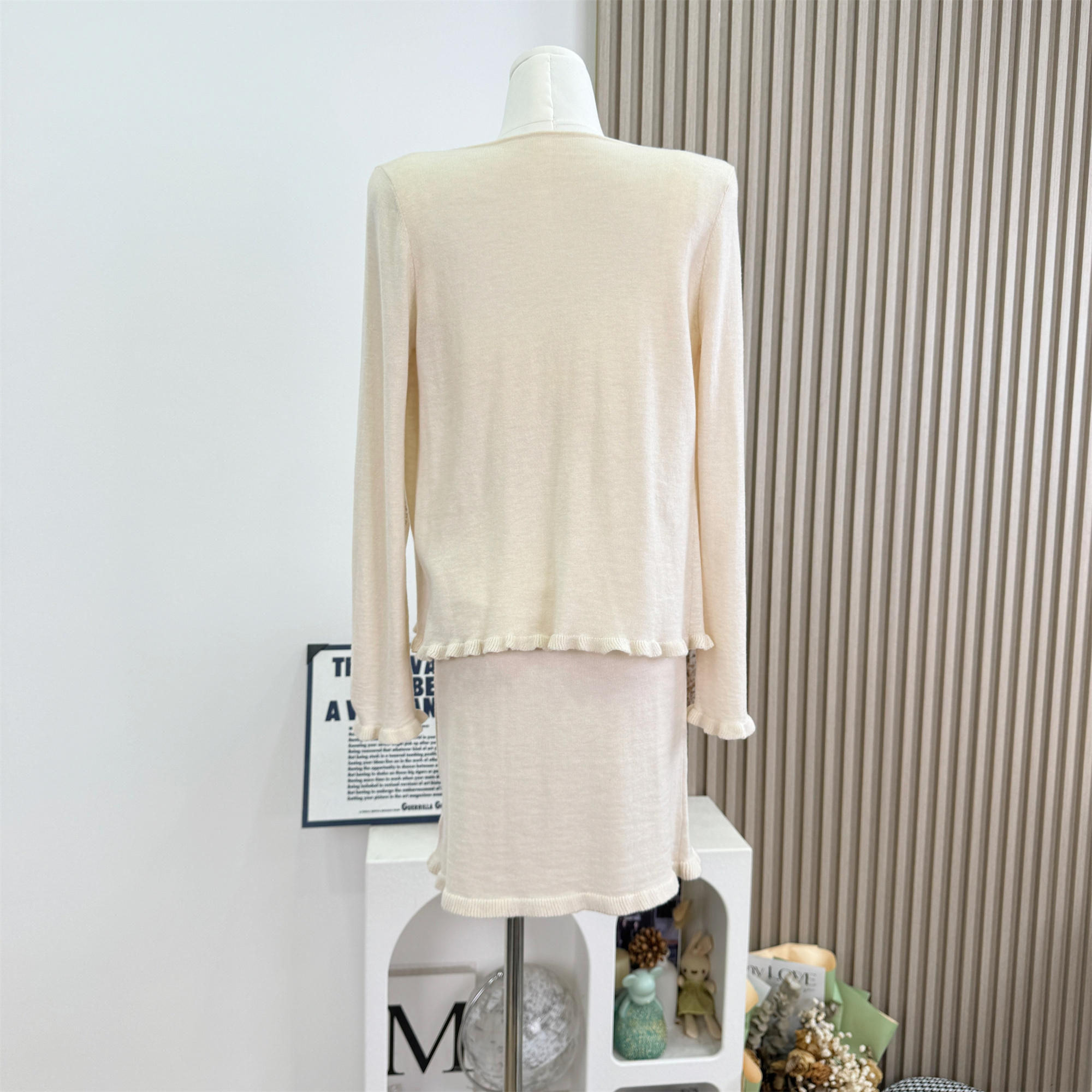 1786987304704_ATKJ7l.jpg Women's Knit Sweater Set with Tie and Ruffle Trim Cardigan and Skirt