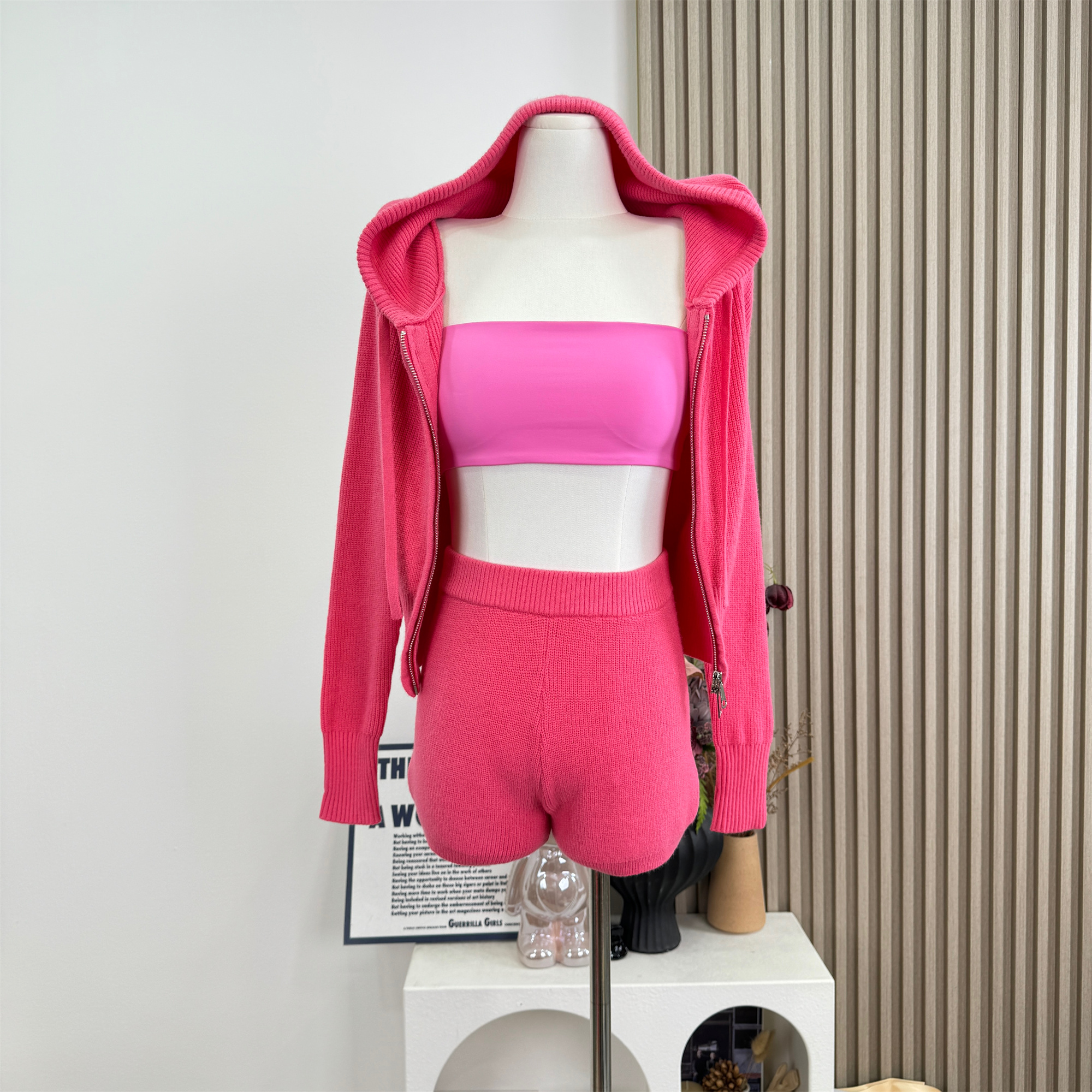 Berry Pink Knit Cardigan and Cami Shorts Set for Women