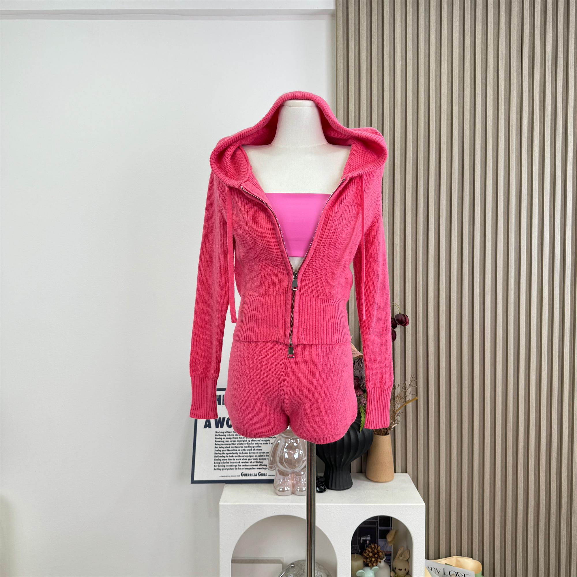 Berry Pink Knit Cardigan and Cami Shorts Set for Women