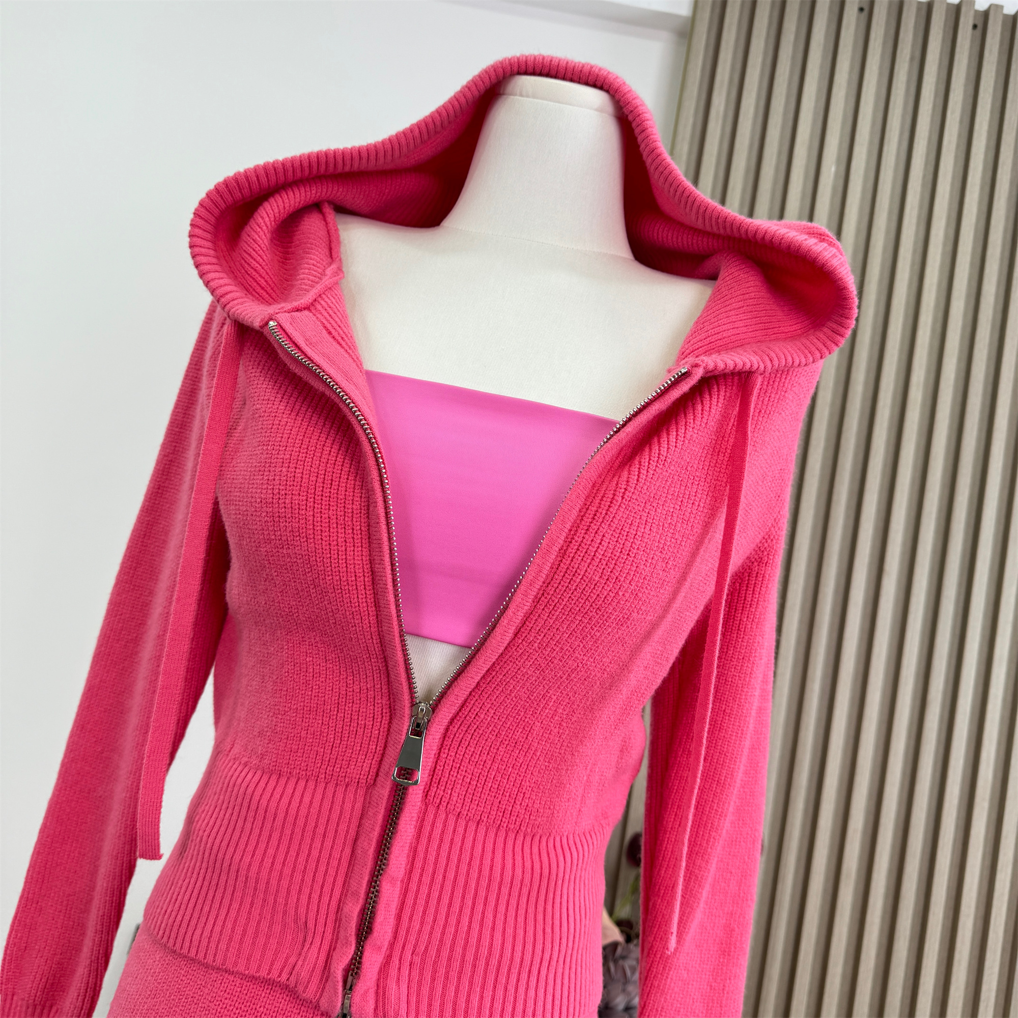 Berry Pink Knit Cardigan and Cami Shorts Set for Women