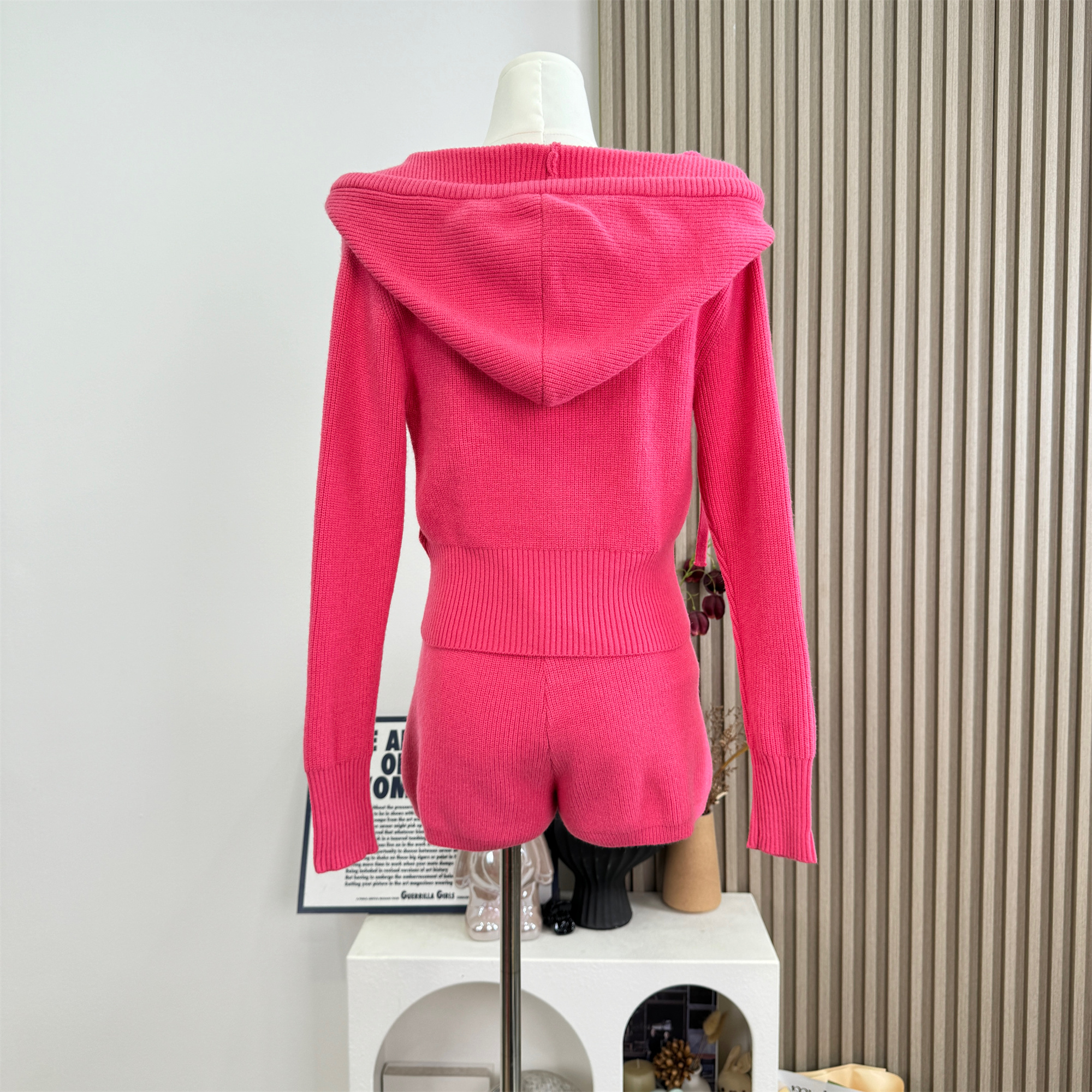 Berry Pink Knit Cardigan and Cami Shorts Set for Women