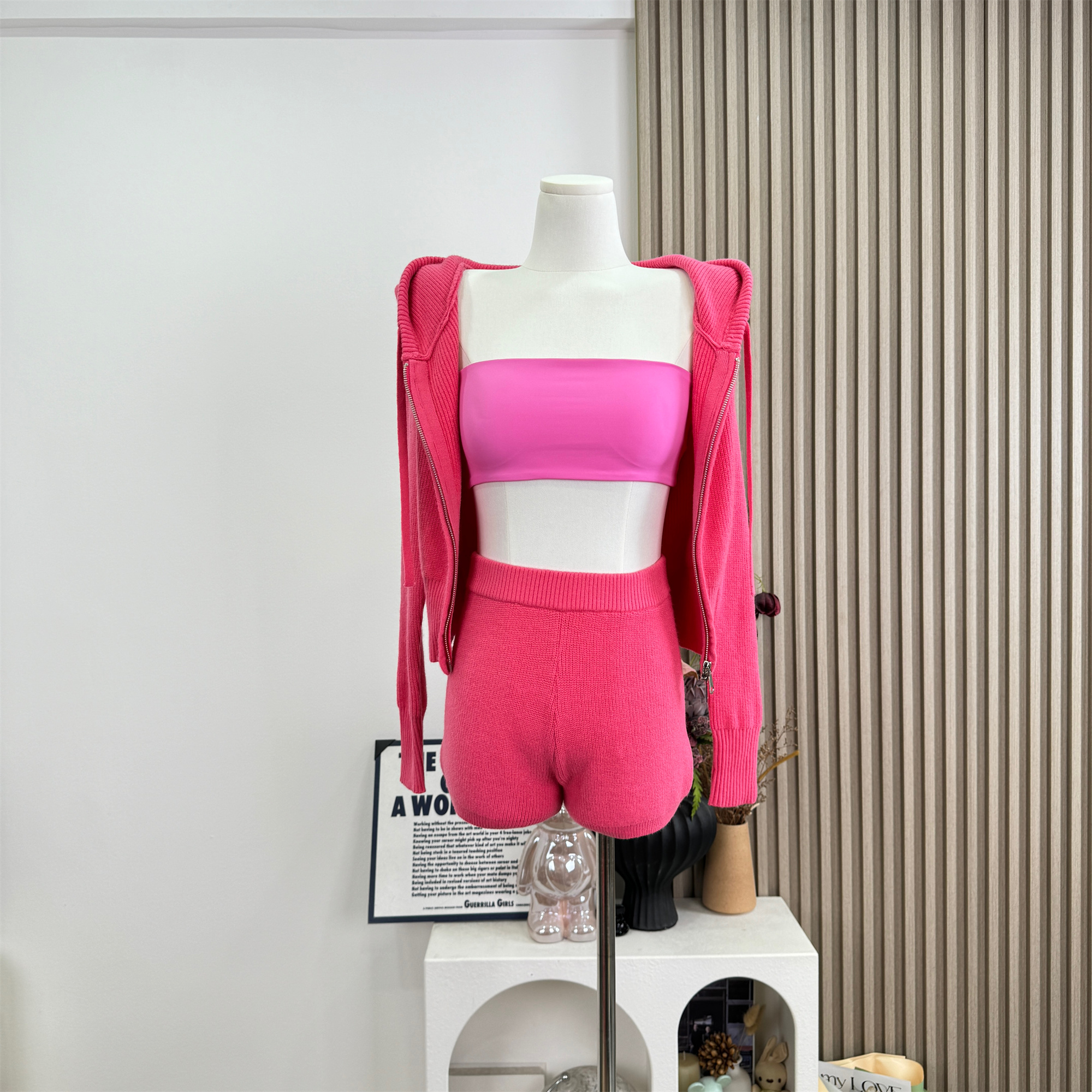 Berry Pink Knit Cardigan and Cami Shorts Set for Women