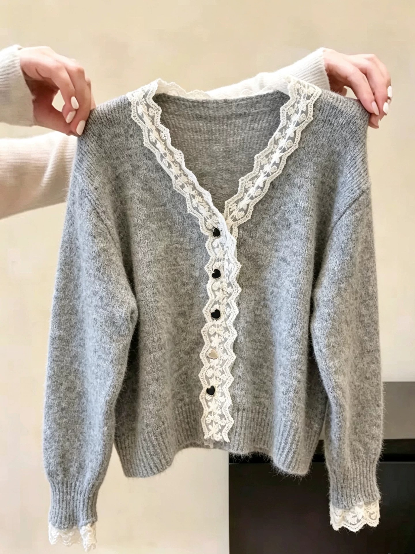 1787448356846_S8qyLP.jpg 2026 Autumn French Lace Trim Heart Button Long Sleeve Knit Cardigan Top for Women