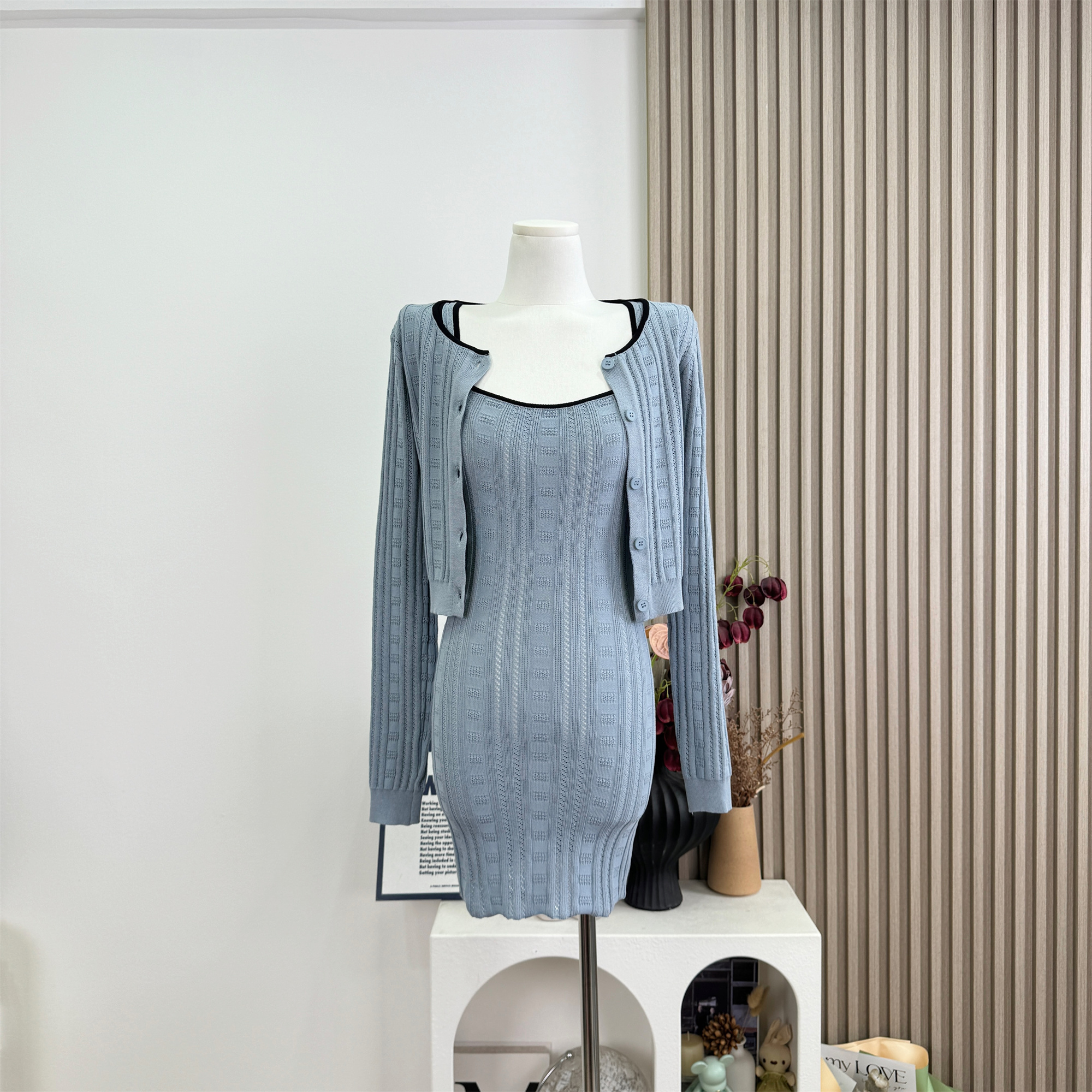 Women's Knit Two-Piece Set with Cami Dress and Cardigan