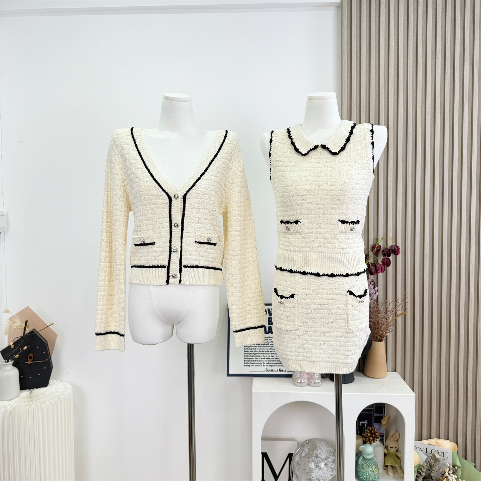 Chiarazz Woven V-Neck Knit Vest Cardigan and Contrast Skirt Three-Piece Set