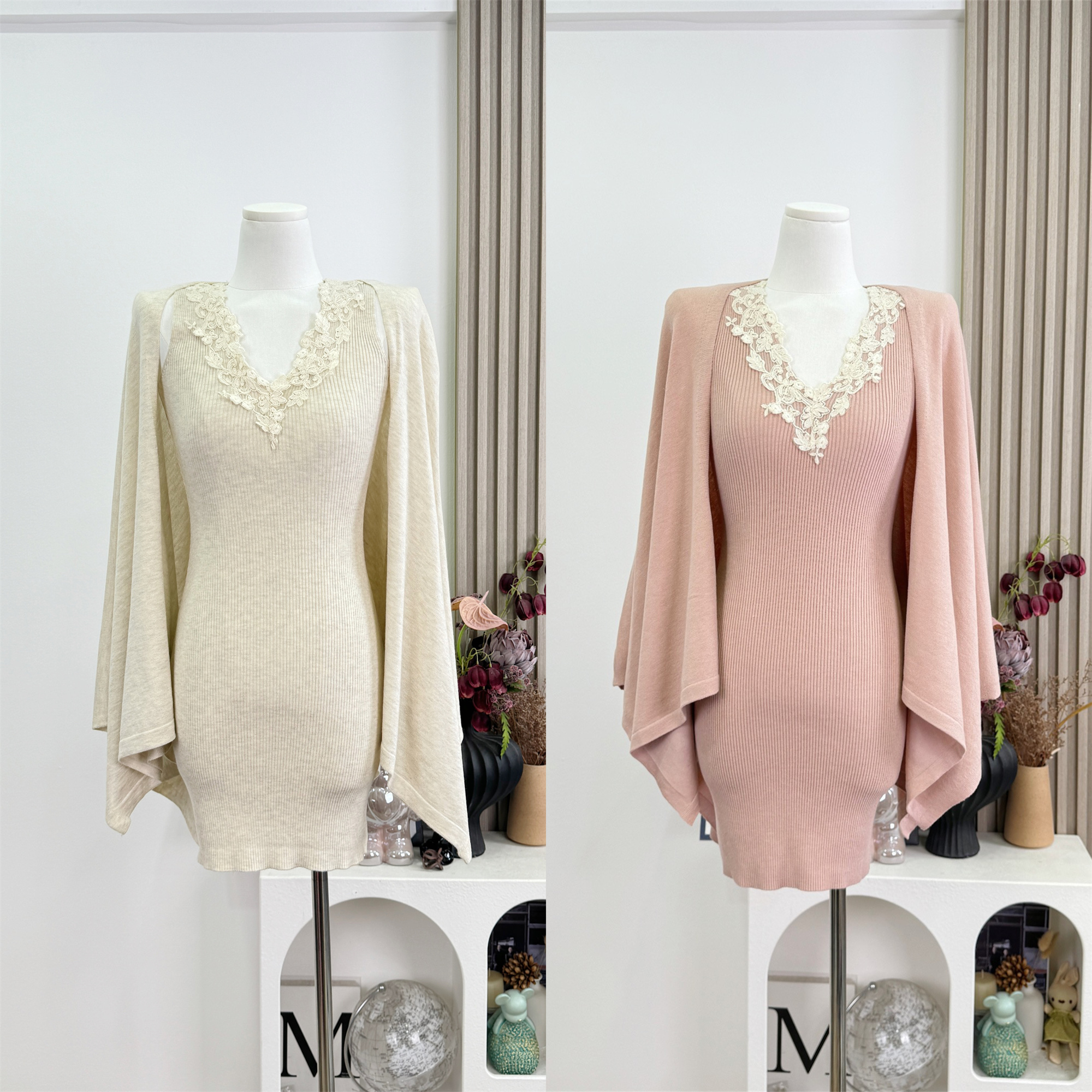 Hotdog Spicy Love Letter Two-Color Lace V-Neck Dress Elegant Knit Set for Women
