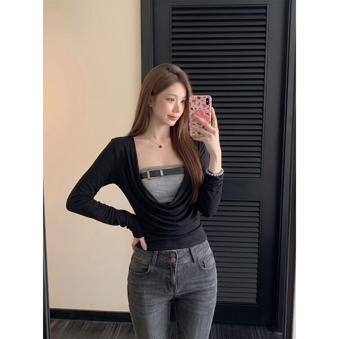 Korean Style Long Sleeve T-Shirt Black Draped Neck Fake Two Piece Women Early Autumn Slimming High-End Top