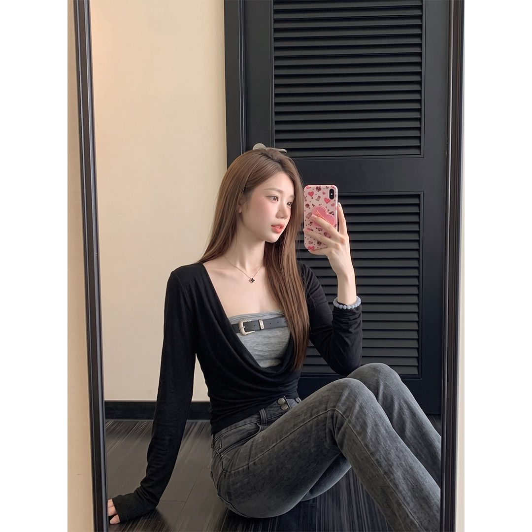 Korean Style Long Sleeve T-Shirt Black Draped Neck Fake Two Piece Women Early Autumn Slimming High-End Top