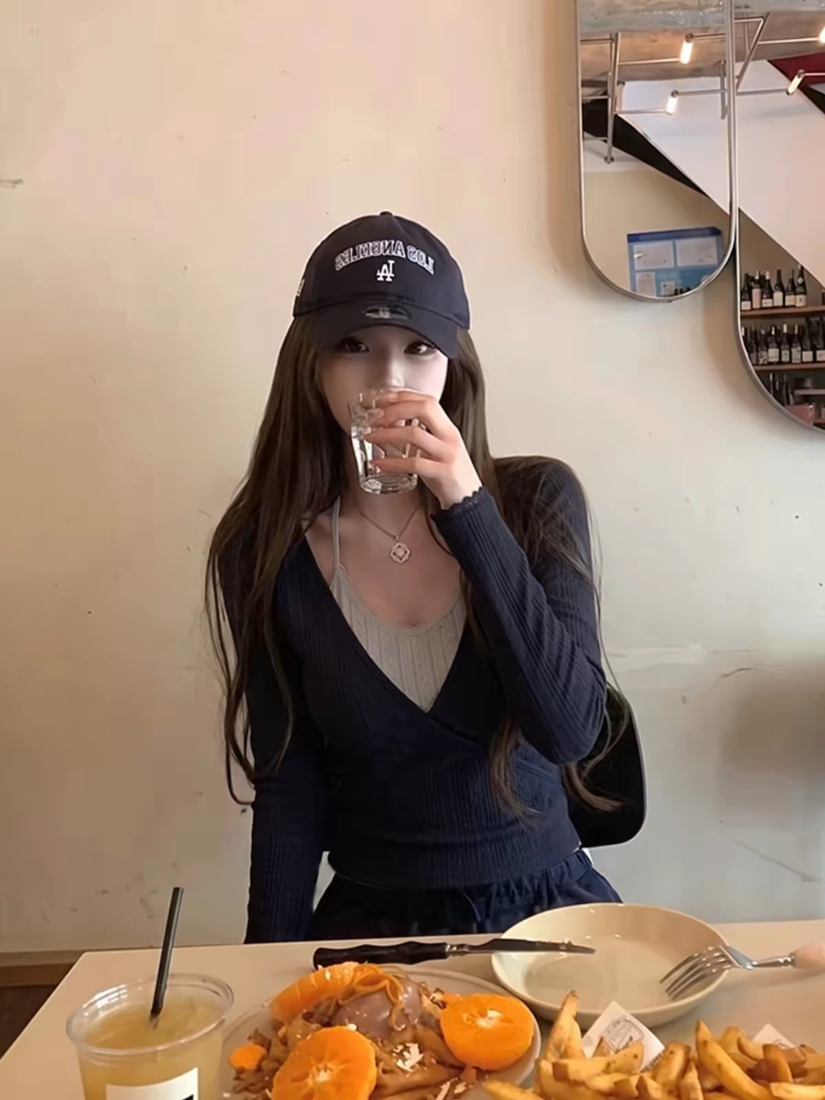 Korean Style Navy Cross Layered Lace Halter Long Sleeve T-Shirt for Women