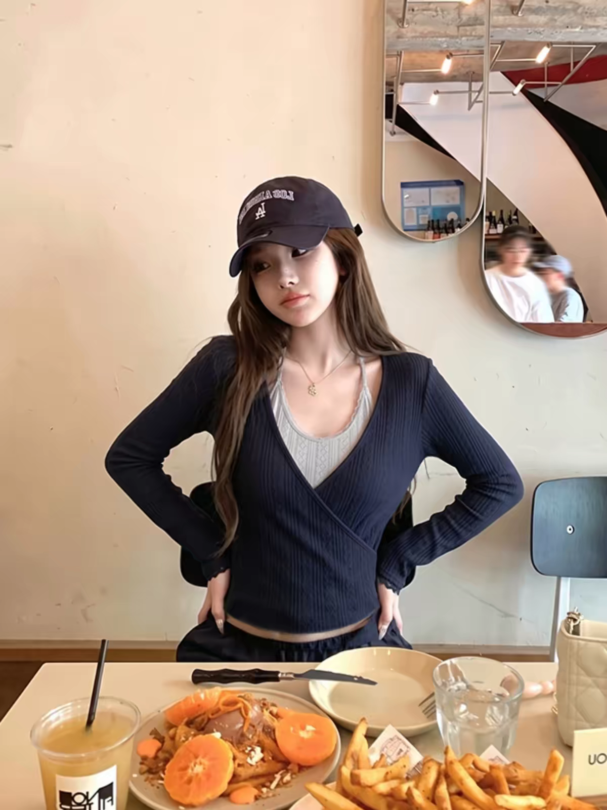 Korean Style Navy Cross Layered Lace Halter Long Sleeve T-Shirt for Women