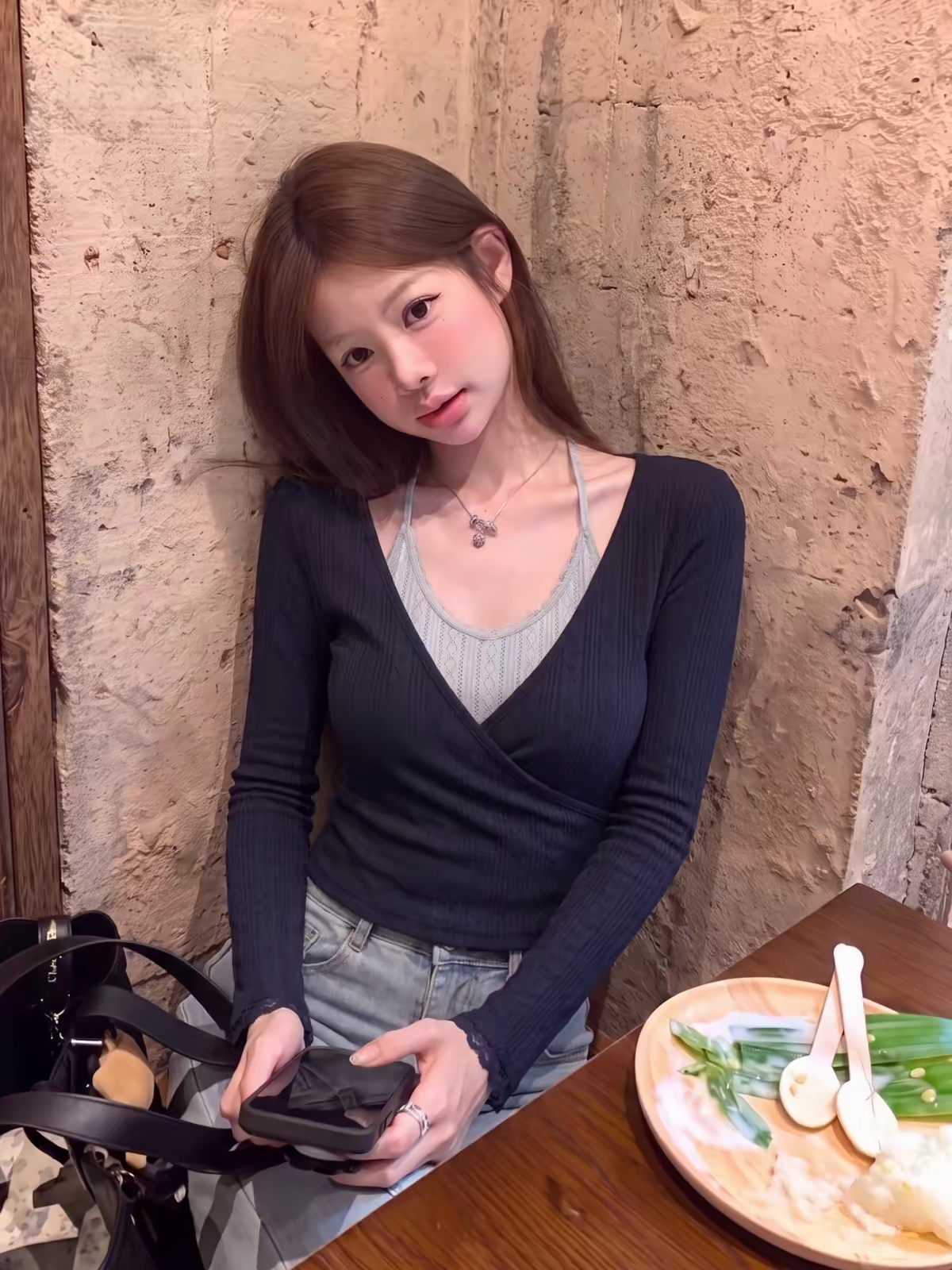 Korean Navy Cross Halter Lace Long Sleeve T-Shirt Women Summer 2026