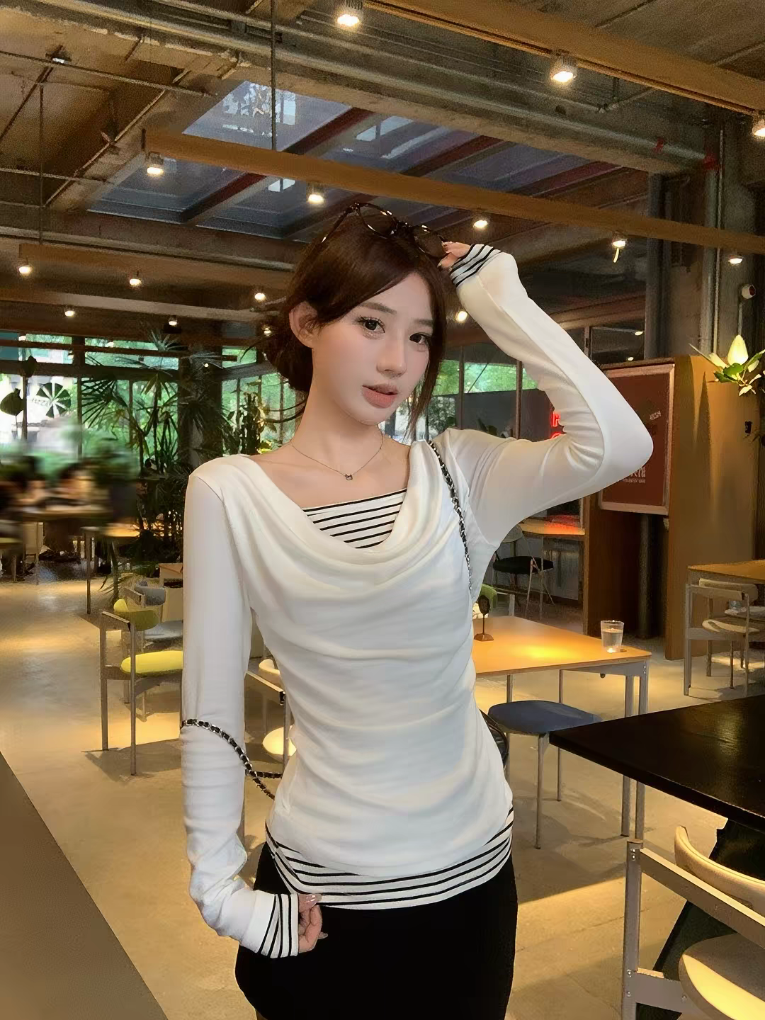 Women's Striped Faux-Layer Long-Sleeve T-Shirt with Cowl Neck - Style 43384f