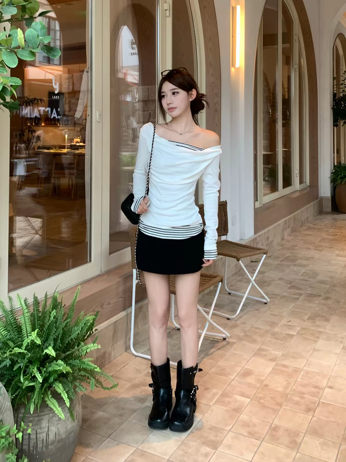 Women's Striped Faux-Layer Long-Sleeve T-Shirt with Cowl Neck - Style 43384f