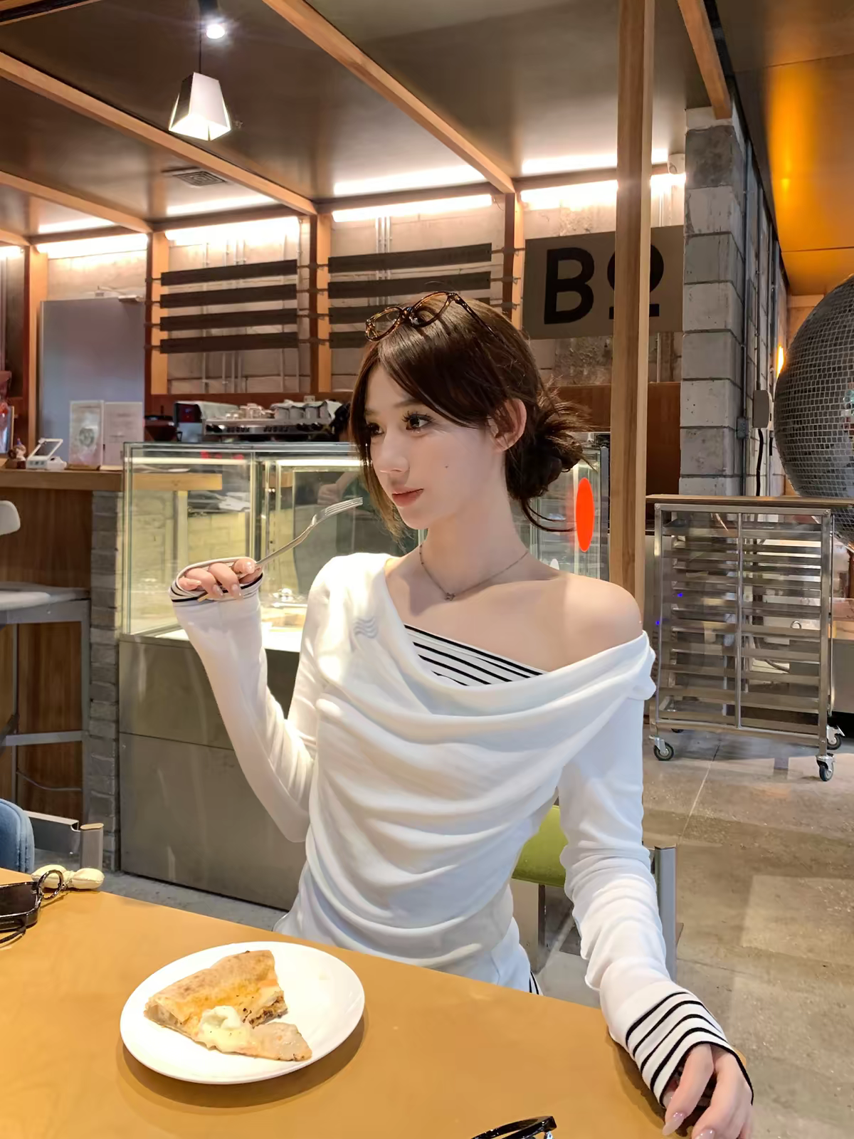 Women's Striped Faux-Layer Long-Sleeve T-Shirt with Cowl Neck - Style 43384f