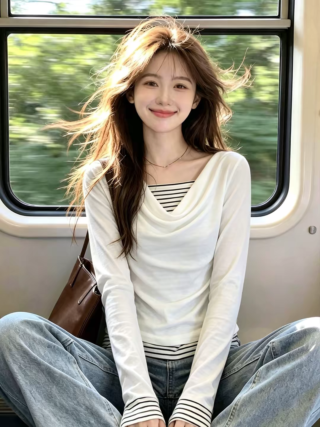 1788708201796_vEdGwI.png Women's Striped Draped Neck Faux Two-Piece Long Sleeve T-Shirt - Style 43388a