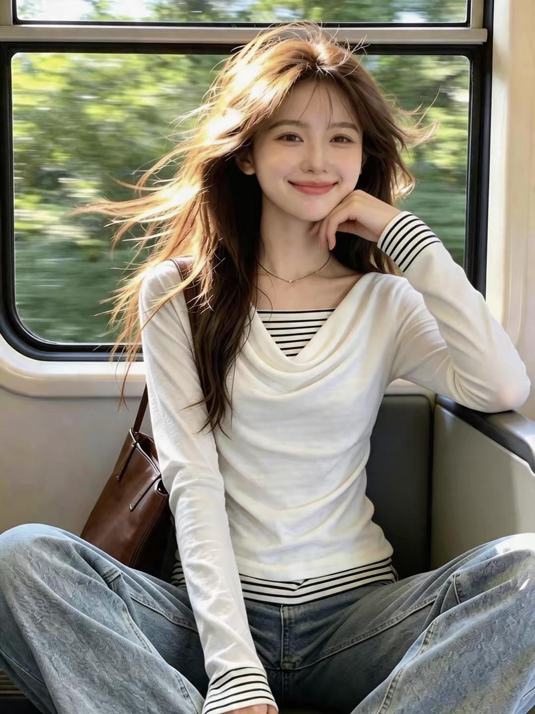 1788708201804_z73YKY.png Women's Striped Draped Neck Faux Two-Piece Long Sleeve T-Shirt - Style 43388a