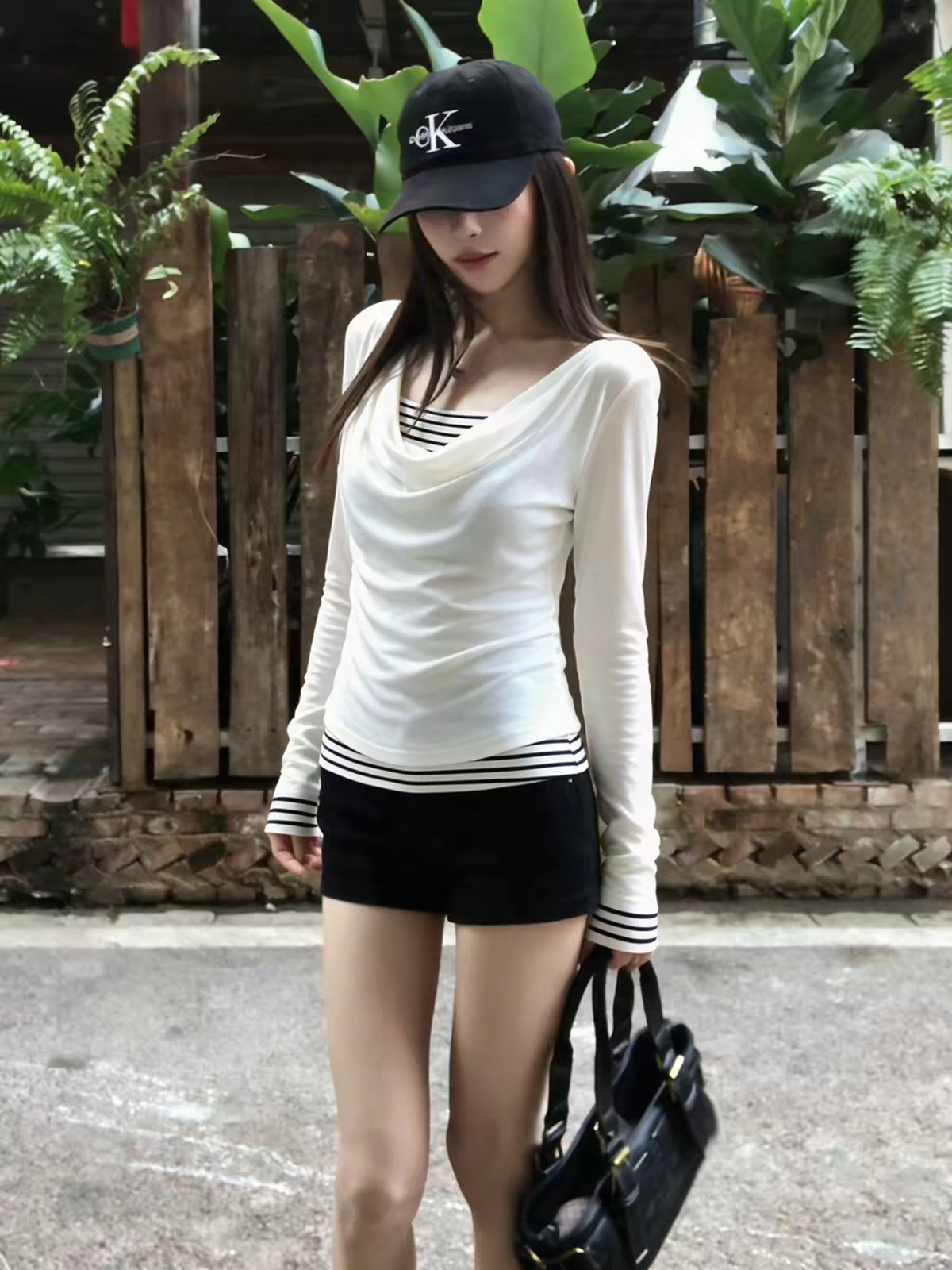 Women's Striped Faux-Layer Long-Sleeve T-Shirt with Cowl Neck - Style ba5e17