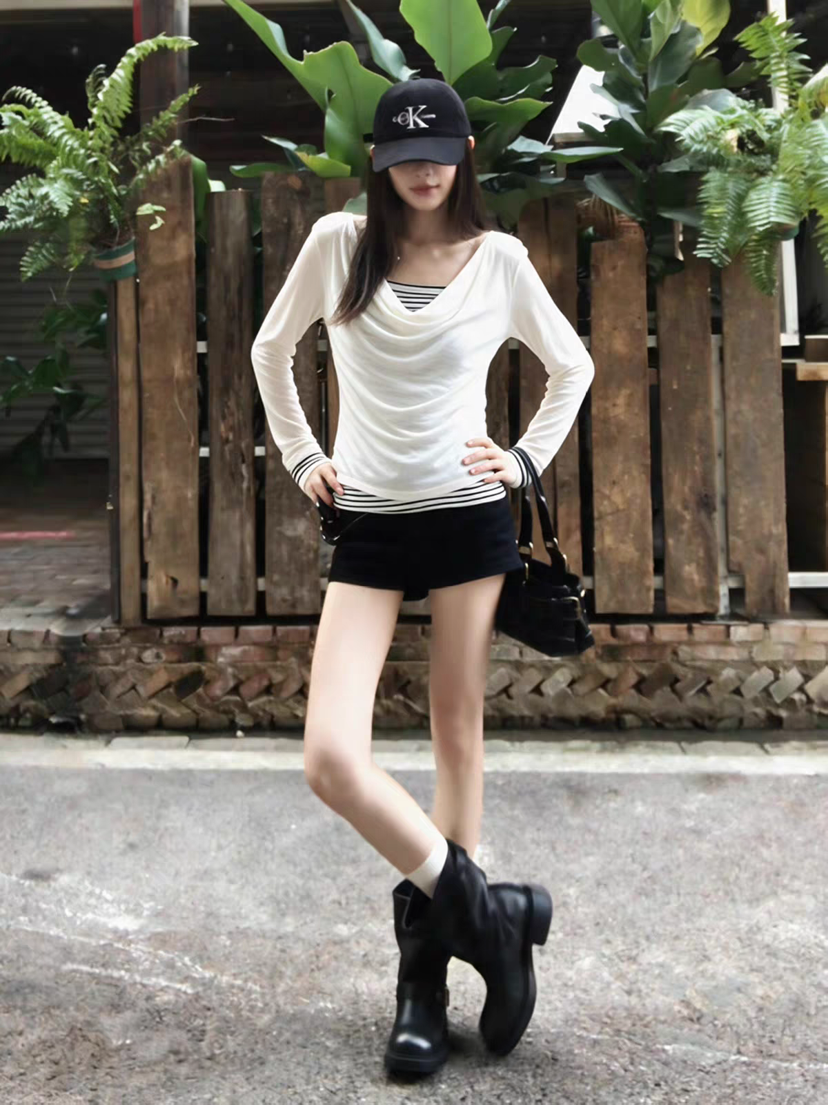 Women's Striped Faux-Layer Long-Sleeve T-Shirt with Cowl Neck - Style ba5e17
