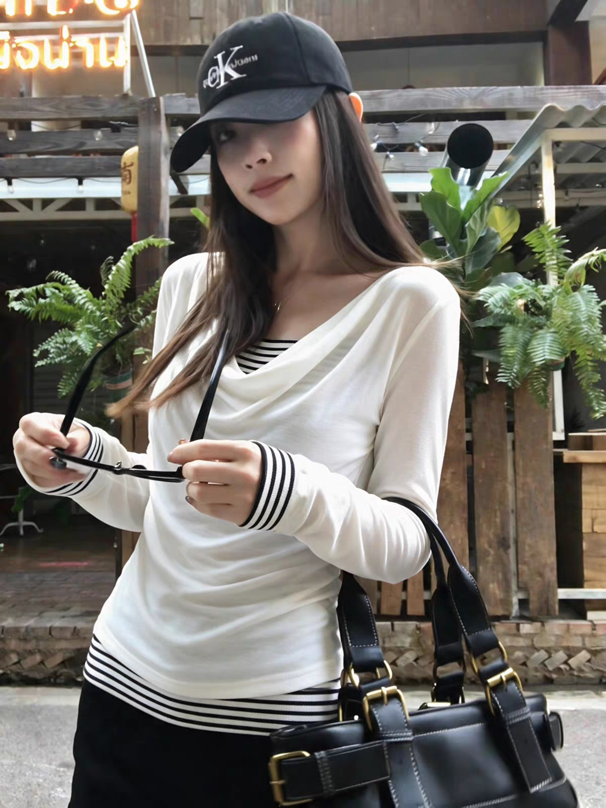 Women's Striped Faux-Layer Long-Sleeve T-Shirt with Cowl Neck - Style ba5e17