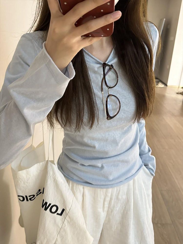 1788708500611_6ujCWD.jpeg Korean Style Blue Rolled Hem Long Sleeve T-Shirt Women Slim Fit Versatile Design Top