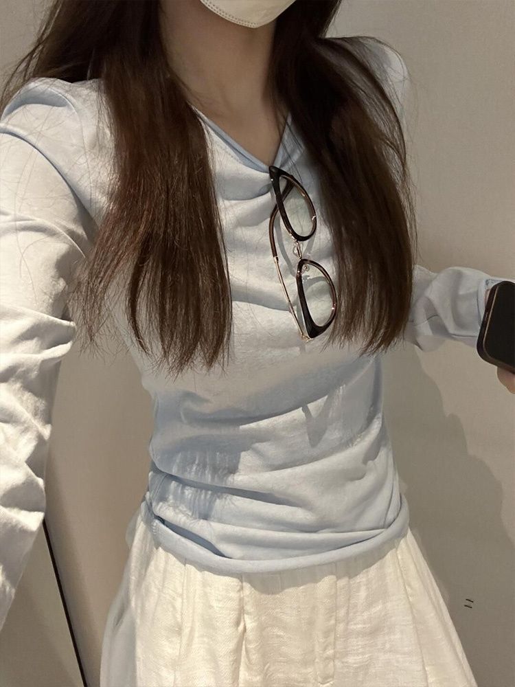 1788708500614_BBohP9.jpeg Korean Style Blue Rolled Hem Long Sleeve T-Shirt Women Slim Fit Versatile Design Top